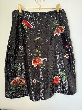 Anthropologie Maeve Garden Glitz Sequins Skirt Black Embroidered Floral Motif 6
